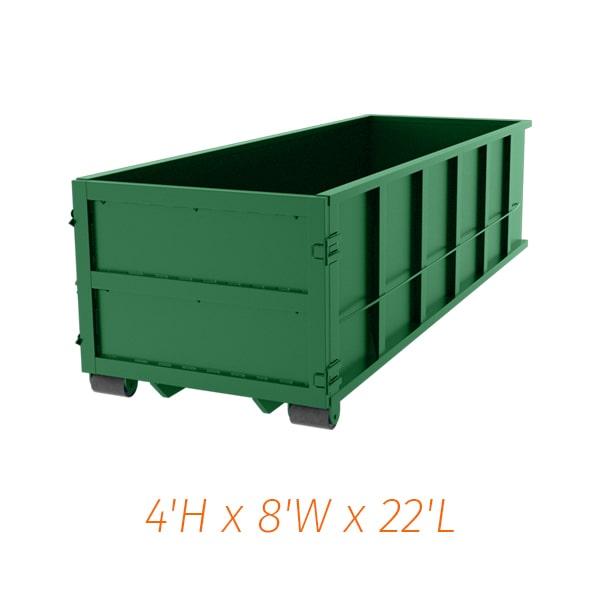 the twenty yard dumpsters cannot be placed on public property and may require a permit for placement on private property